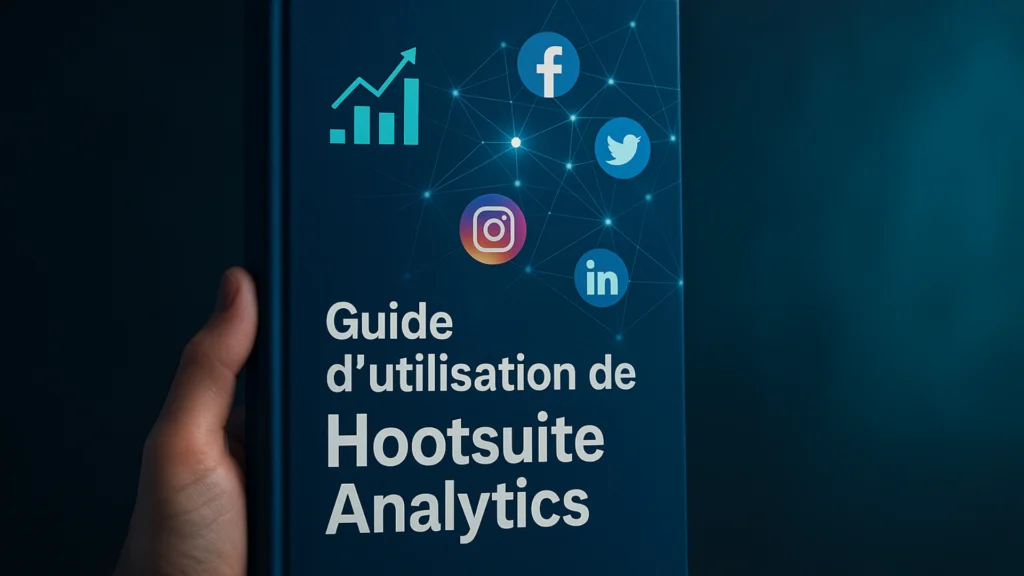 Main tenant un manuel moderne avec une couverture bleue illustrée d’icônes sociales et de graphiques, représentant un guide pratique pour maîtriser Hootsuite Analytics