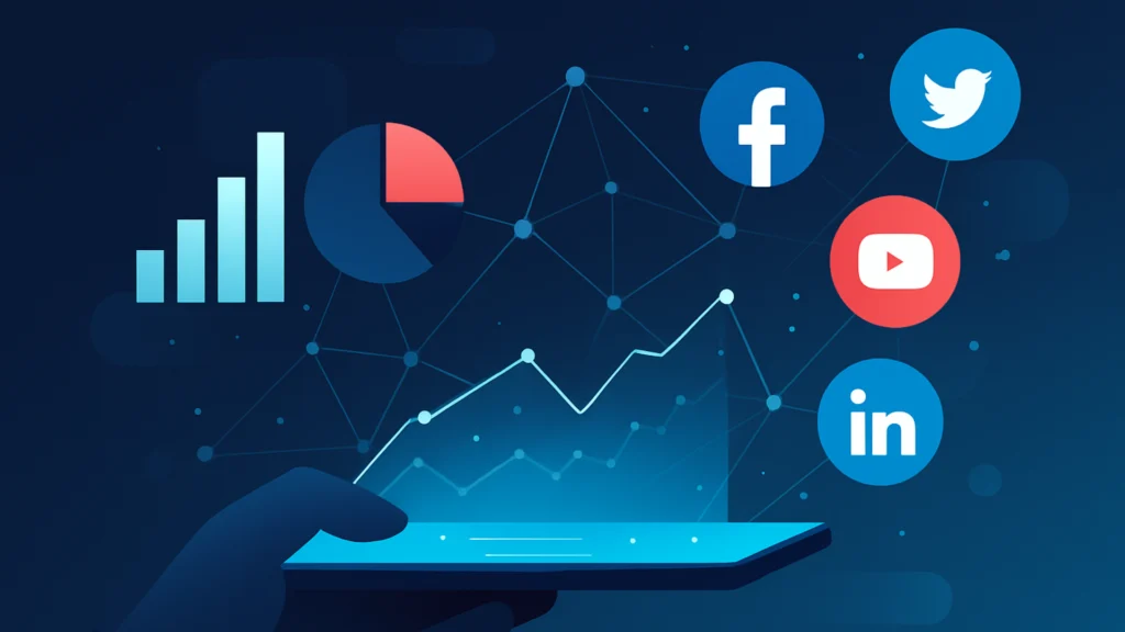 Illustration d’une main tenant une tablette affichant un graphique dynamique, avec des icônes de plateformes sociales et des visualisations analytiques modernes flottant au-dessus