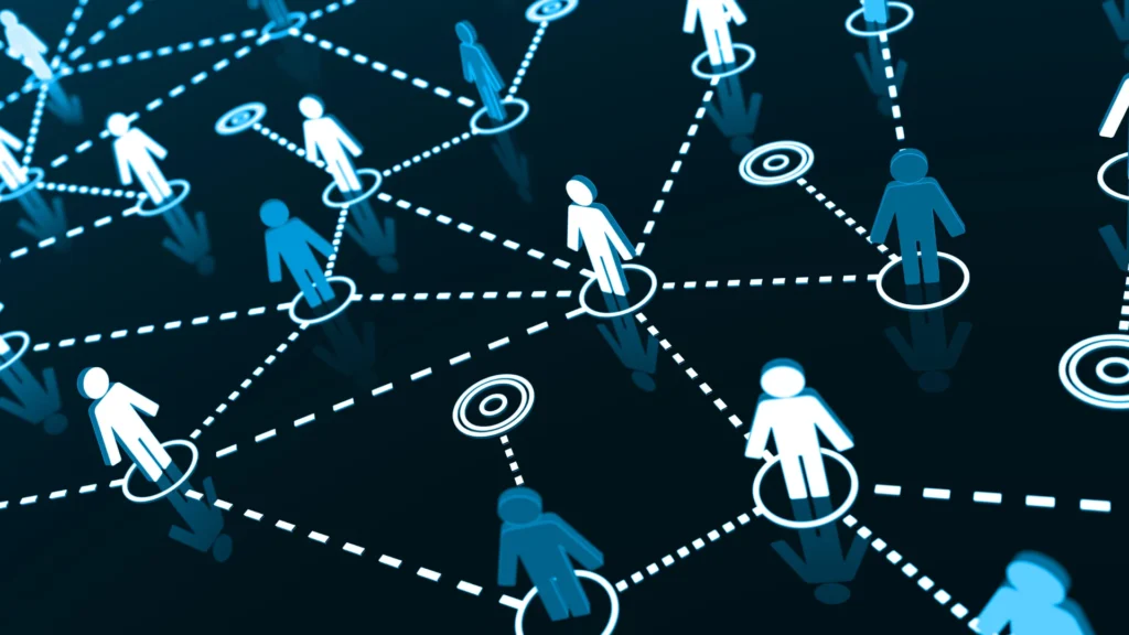 Réseau d’utilisateurs connecté symbolisant les interactions sociales sur Snapchat et le blocage potentiel.