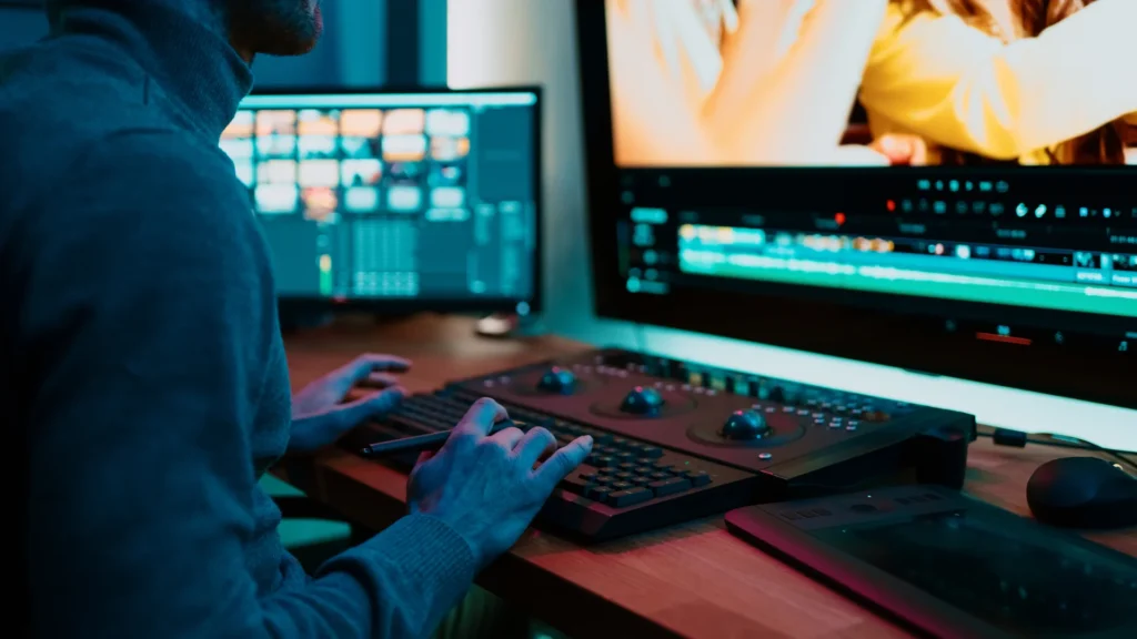Créateur vidéo devant écrans en studio utilisant Pika Art pour le montage