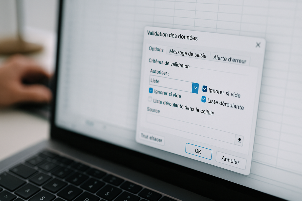 Fenêtre de validation des données affichée dans Excel, montrant comment créer une liste déroulante Excel avec l’option “liste” activée.
