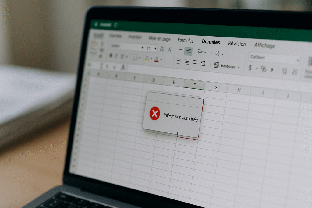 Exemple d’erreur personnalisée dans Excel lors de la création d’une liste déroulante Excel, avec une alerte visible à l’écran.