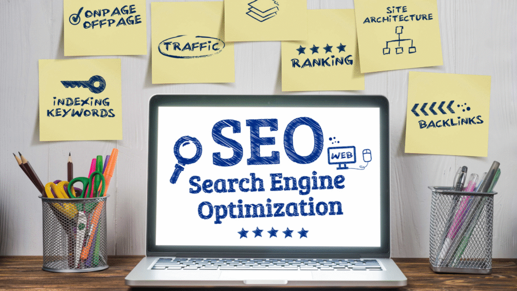 SEO Search Engine Optimization affiché sur un écran d’ordinateur entouré de post-its sur les facteurs SEO, mettant en avant l’importance du meta title et meta description pour le positionnement.
