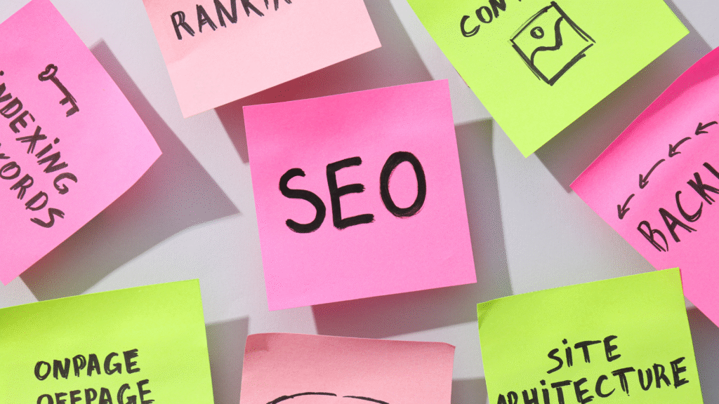 Post-its colorés avec le mot SEO au centre et des éléments clés comme backlinks, contenu et architecture, soulignant le rôle du meta title et meta description en SEO.