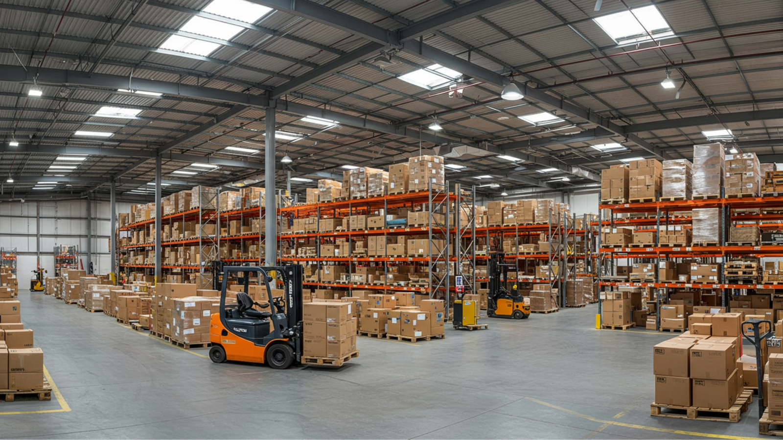 Entrepôt moderne avec palettes organisées, chariots élévateurs en action et employés collaborant, illustrant une ambiance de travail efficace et soulignant l'importance des KPI logistique, avec un camion de livraison visible à l'extérieur.