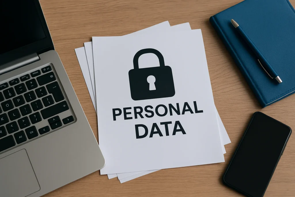 Bureau avec ordinateur portable, documents et smartphone illustrant la protection des données personnelles – la cnil c’est quoi