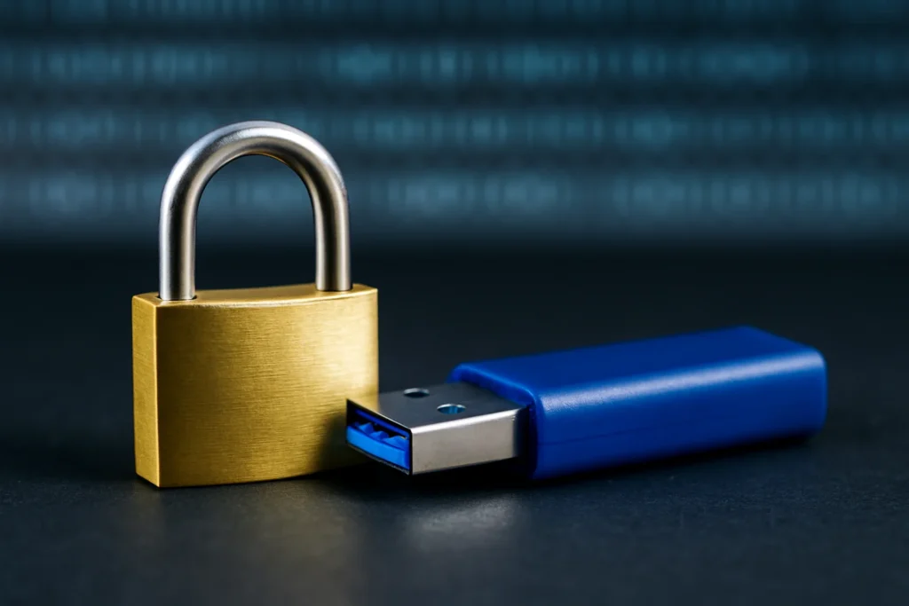 Clé USB sécurisée et cadenas symbolisant la cnil c’est quoi et la sécurité numérique