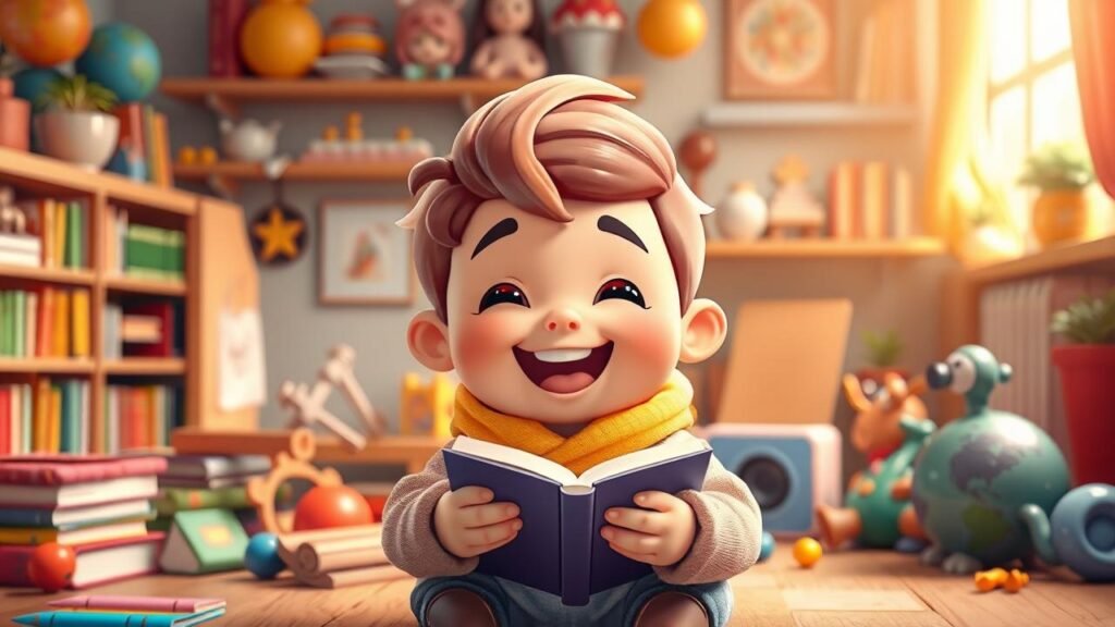 Personnage de jeu vidéo coloré et sympathique inspiré d'un univers enfantin, entouré de livres, jouets et outils d'apprentissage, évoquant le tendre monde d'Adibou, dans un environnement lumineux et accueillant.