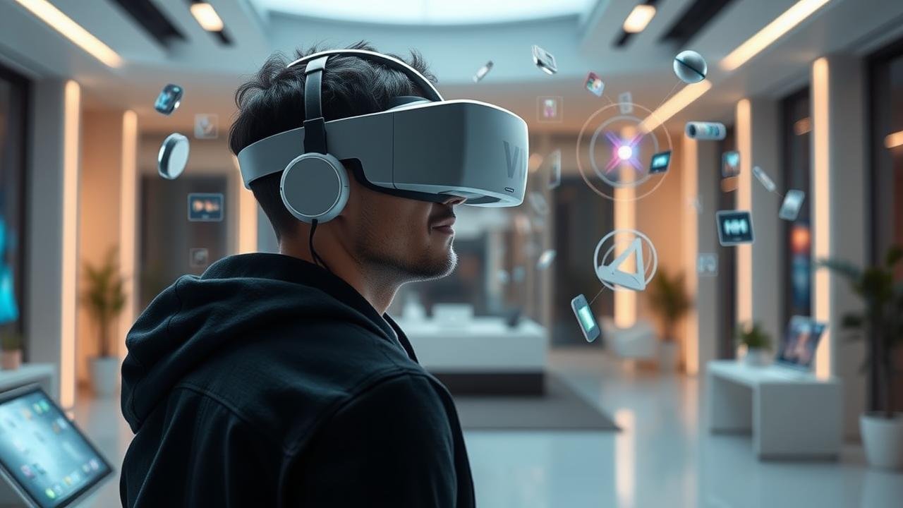 Utilisateur portant le casque Apple Vision Pro dans un environnement futuriste, interagissant avec des objets virtuels et entouré d'interfaces numériques flottantes dans un espace moderne.