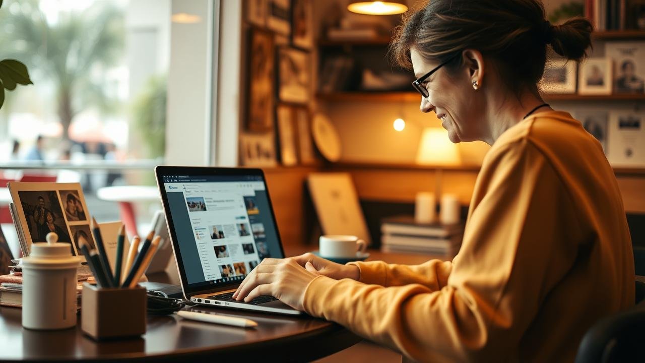 Personne utilisant un ordinateur portable dans un café, concentrée sur comment retrouver une personne sur copains d'avant, entourée de souvenirs comme des photos de classe et des albums, dans une ambiance lumineuse et chaleureuse.