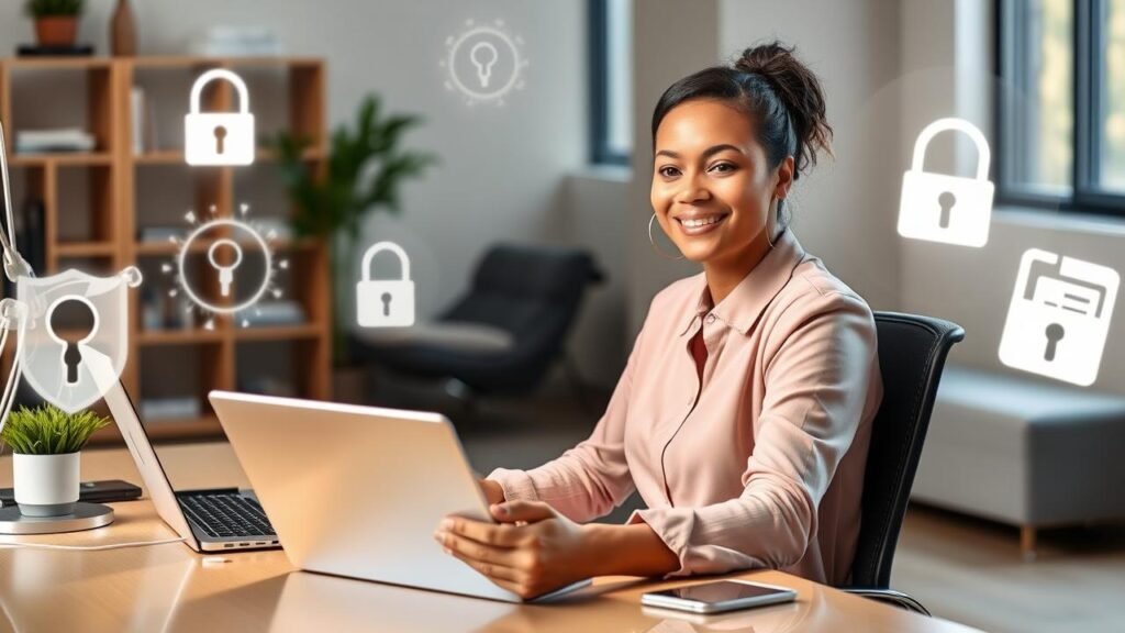 Personne assise à un bureau moderne, entourée d'un ordinateur portable, d'une tablette et d'un smartphone, avec des symboles de sécurité tels que des cadenas et des documents sécurisés en arrière-plan, exprimant la tranquillité et la satisfaction d'une gestion sécurisée de ses mots de passe, illustrant ainsi ce que Dashlane c'est quoi.
