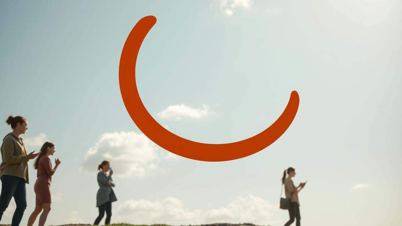 Boomerang stylisé volant dans un ciel ensoleillé symbolisant le retour d'une action, avec des silhouettes de personnes interagissant dans différentes situations, illustrant l'effet boomerang dans divers domaines.