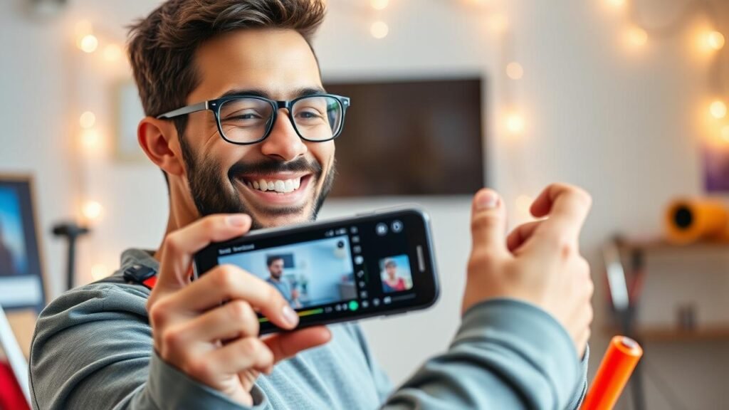 Utilisateur heureux montant une vidéo sur son smartphone entouré d'outils de montage colorés, illustrant la simplicité et la créativité de FilmoraGo dans un cadre lumineux et accueillant.