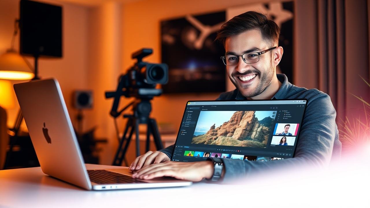 Écran d'ordinateur affichant le logiciel de montage vidéo Filmora avec un créateur vidéo souriant et du matériel de tournage en arrière-plan, créant une ambiance de travail créative et inspirante.
