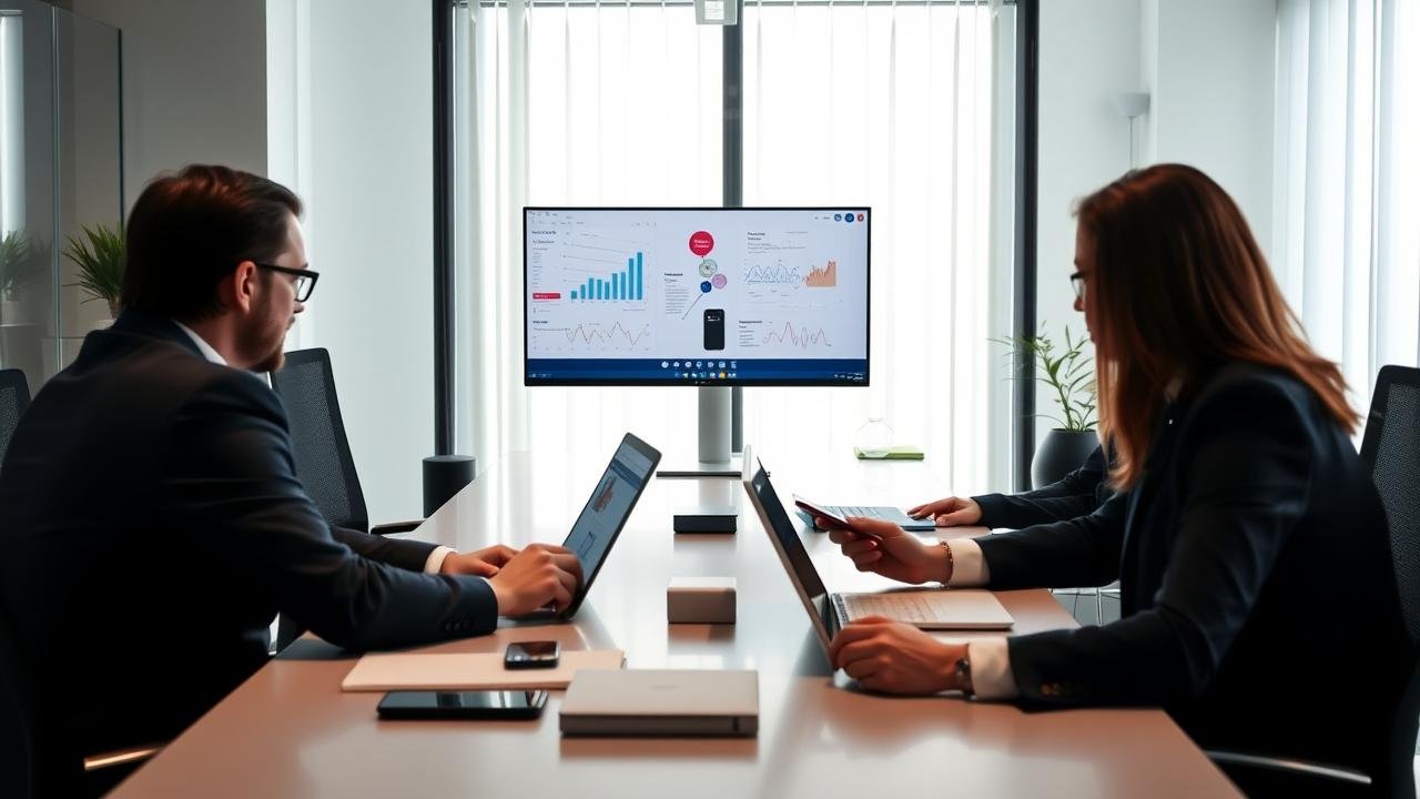 Réunion virtuelle moderne avec des professionnels collaborant à distance sur des ordinateurs et des appareils mobiles, des graphiques de projet affichés à l'écran, dans un bureau élégant et minimaliste, lumière naturelle douce à travers la fenêtre, reflétant l'environnement d'un go-to meeting.