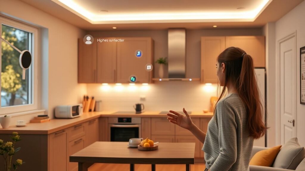 Maison moderne équipée de dispositifs connectés, montrant une personne interagissant avec des assistants vocaux comme Google Home ou Alexa, illuminée par des lumières réglées dans une ambiance chaleureuse et futuriste.