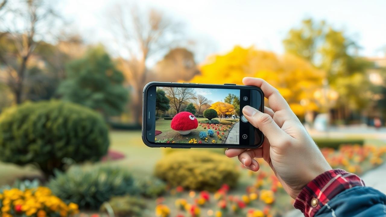 Personne utilisant Google Lens sur une application mobile pour analyser un objet dans un parc, entourée de verdure et de couleurs vives, illustrant l'intégration de la technologie dans la nature.