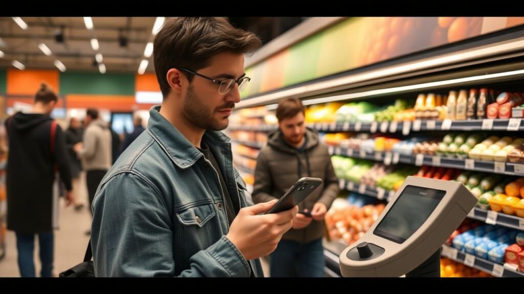Personne utilisant Google Pay sur son smartphone dans un supermarché, avec un terminal de paiement sans contact en arrière-plan et des clients autour, mettant en avant une ambiance moderne et des produits frais sur les étagères.