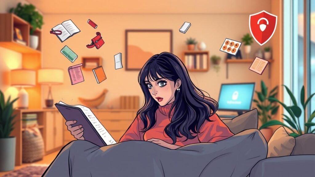 Scène de lecture en ligne sur une tablette entourée d'illustrations de manhwas coréens dans un espace de travail confortable, avec une ambiance chaleureuse et des éléments de sécurité numérique, évoquant hiperdex.