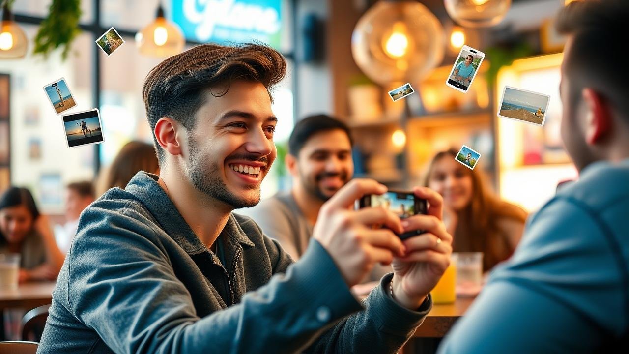 Jeune adulte souriant prenant des photos avec son smartphone dans un café animé, entouré d'amis, avec des illustrations de photos et vidéos flottant autour, illustrant l'idée d'instagram c'est quoi dans une ambiance lumineuse et vibrante.