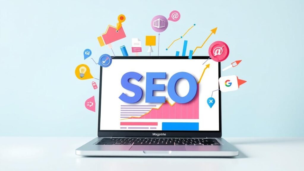ordinateur portable ouvert affichant une interface web dynamique sur le référencement et l'optimisation SEO, illustrée par des graphiques de croissance et des icônes de stratégie marketing, avec un environnement de travail moderne, intégrant le concept de meta title et meta description.