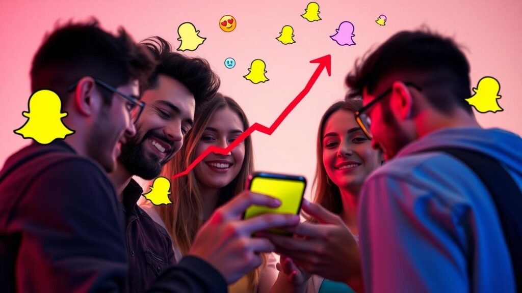 Groupe d'amis utilisant Snapchat sur leur téléphone, entourés d'éléments graphiques colorés et de flèches ascendantes symbolisant que leur snapscore augmente, avec des icônes de fonctionnalités snapchat+ en arrière-plan.