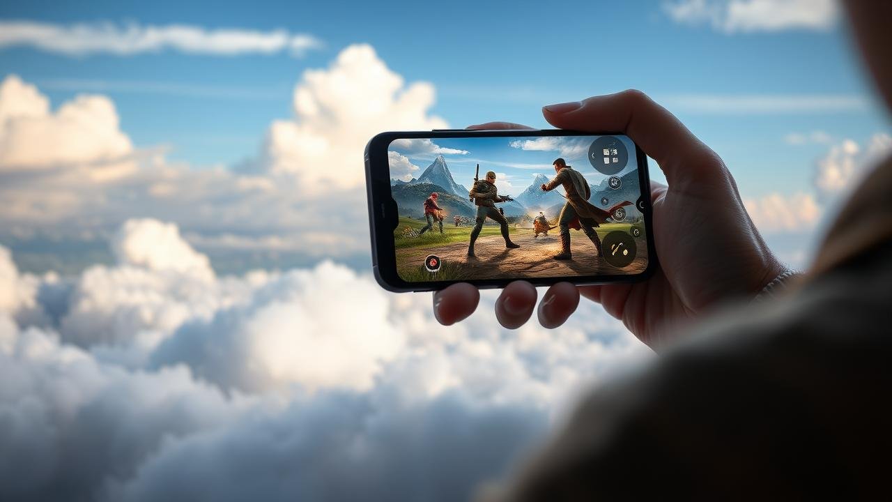 Personne jouant sur un smartphone Android avec des paysages fantastiques et des personnages d'action, le tout sur un fond flou de nuages illustrant le concept de vortex cloud gaming.