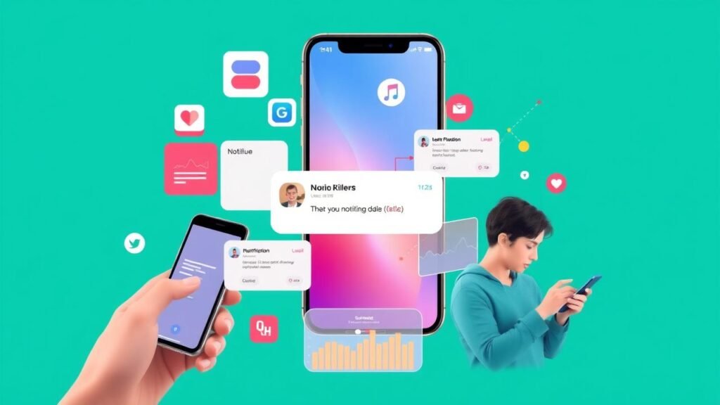 Collage dynamique illustrant une application mobile avec des notifications push, incluant des icônes d'application, des téléphones affichant des notifications, des graphiques de performance et des utilisateurs engagés, mettant en avant Wonderpush dans une ambiance moderne et conviviale.