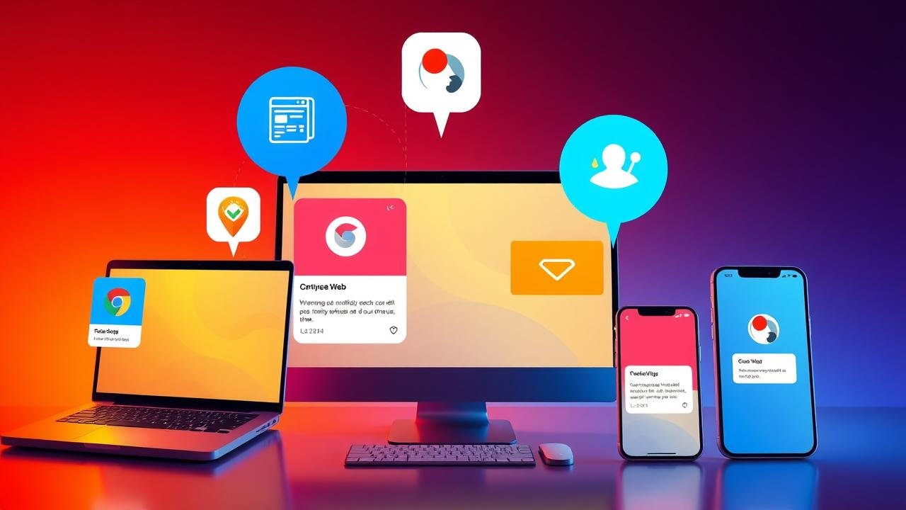 Interface moderne de notifications push sur plusieurs appareils avec icônes stylisées de navigateurs web et d'applications mobiles, représentant la communication dynamique et personnalisée, mettant en avant Wonderpush.