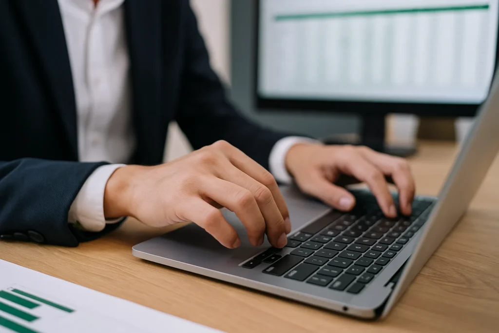 Professionnel tapant un raccourci clavier pour Excel sur un ordinateur en bureau moderne