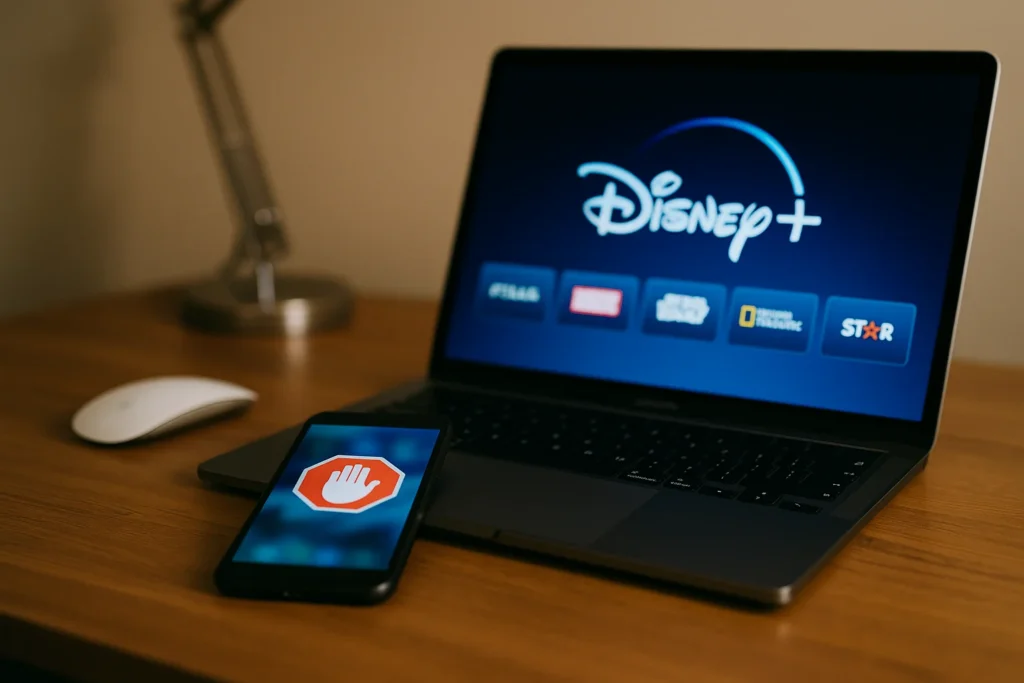 Ordinateur portable affichant Disney Plus et smartphone avec adblock, illustrant l’utilisation d’un disney adblocker en 2025.