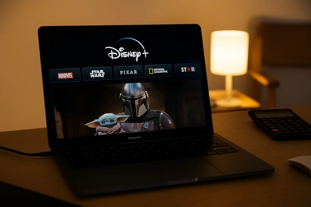 Écran Disney Plus affichant The Mandalorian sur un ordinateur portable, exemple d’utilisation d’un disney adblocker.