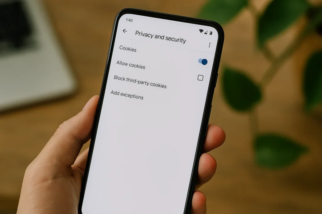 Paramètres de confidentialité de Google Chrome sur smartphone Android avec option cookies activée